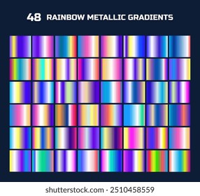 Rainbow metallic gradients. Shiny metal texture collection with holographic colors set isolated vector illustration