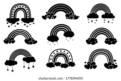 Rainbow monochrome black set, flat cartoon style. Rainbows with clouds, abstract hand drawn collection. Glyph nature weather elements. For poster, print, card or books. Isolated vector illustration