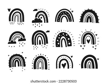 Rainbow monochrome black set, flat cartoon style. Rainbows with clouds, abstract hand drawn collection. Glyph nature weather elements. For poster, print, card or books. Isolated vector illustration.