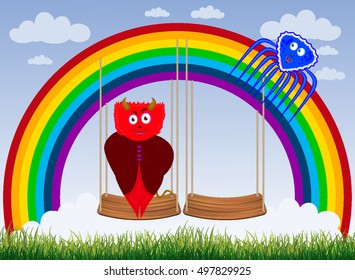 Rainbow Monsters card Blue "Spider" with red "Devil" on the swings