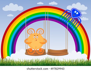 Rainbow Monsters card Blue "Spider" with Orange "rabbit" on the swings