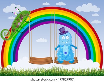Rainbow Monsters card Green "lizard" with blue "Scarecrow" on the swings