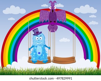 Rainbow Monsters card Purple "Bird" with blue "Scarecrow" on the swings