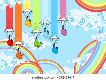 Rainbow monsters with parachutes