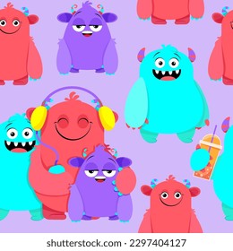 Rainbow monsters in a seamless pattern