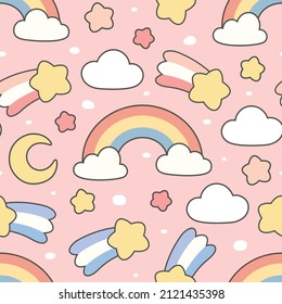 Regenbogen, Mond, Cloud und Stars Nahtlose Muster, Cartoon-Vektorgrafik, Cartoon-Hintergrund