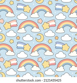 Rainbow, Moon, Cloud and Stars Cute Seamless Pattern, Cartoon Vector Illustration, Cartoon Background