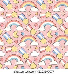 Rainbow, Moon, Cloud And Stars Cute Seamless Pattern, Cartoon Vector Illustration, Cartoon Background