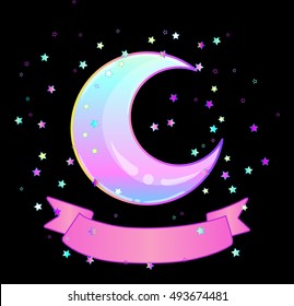 Rainbow moon, pink ribbon and colorful stars isolated on black. Creepy cute vector illustration. Gothic design, mystic magic symbol, pastel colors. Eid Al-Adha Mubarak.