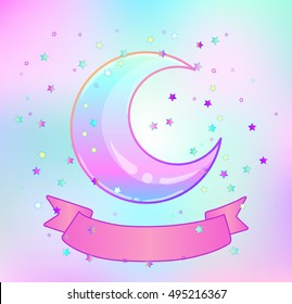 Rainbow moon, pink ribbon and colorful stars isolated on white. Creepy cute vector illustration. Gothic design, mystic magic symbol, pastel colors. Eid Al-Adha Mubarak.