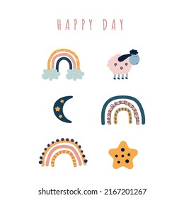Regenbogen-, Mond- und Sternenkarton-Gemälde mit Text-Happy Day für Postkarten. Schöne trendige Wetterzeichnungen für die Dekoration von Kinderräumen
