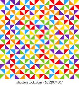 Rainbow mosaic tiles, abstract geometric background, seamless vector pattern. Colorful geometric background with triangles. Minimal background, rainbow colored. Vector illustration.