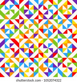 Rainbow mosaic tiles, abstract geometric background, seamless vector pattern. Colorful geometric background with triangles. Minimal background, rainbow colored. Vector illustration.