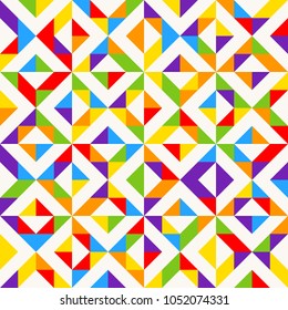 Rainbow mosaic tiles, abstract geometric background, seamless vector pattern. Colorful geometric background with triangles. Minimal background, rainbow colored. Vector illustration.