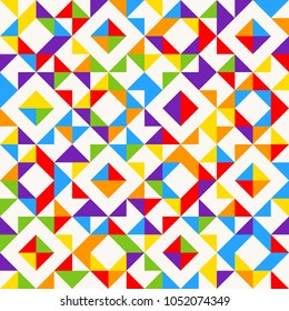 Rainbow mosaic tiles, abstract geometric background, seamless vector pattern. Colorful geometric background with triangles. Minimal background, rainbow colored. Vector illustration.