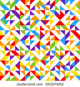Rainbow mosaic tiles, abstract geometric background, seamless vector pattern. Colorful geometric background with triangles. Minimal background, rainbow colored. Vector illustration.