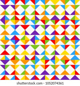 Rainbow mosaic tiles, abstract geometric background, seamless vector pattern. Colorful geometric background with triangles. Minimal background, rainbow colored. Vector illustration.