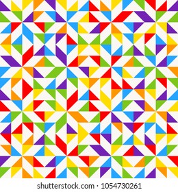 Rainbow mosaic tiles, abstract geometric background, seamless vector pattern. Colorful geometric background with triangles. Minimal background, rainbow colored. Vector illustration.