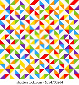 Rainbow mosaic tiles, abstract geometric background, seamless vector pattern. Colorful geometric background with triangles. Minimal background, rainbow colored. Vector illustration.