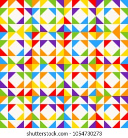 Rainbow mosaic tiles, abstract geometric background, seamless vector pattern. Colorful geometric background with triangles. Minimal background, rainbow colored. Vector illustration.