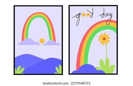 Rainbow and mountain nursery wall art. Good day kids poster for bedroom. Cute nordic wall decoration for children. Good for home decor, poster, wallpaper and background.