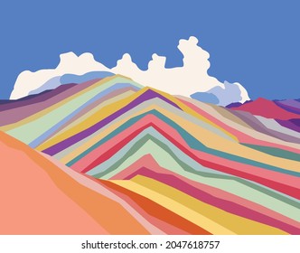 Rainbow mountains. Color Mountains, Abstract Shapes, Modern Background, Hand Drawn Vector Illustration. Cartoon landscape