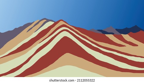 Rainbow mountains or Vinicunca Montana de Siete Colores isolated on blue sky background, Cuzco region in Peru, Peruvian Andes, panoramic view