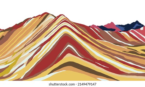 Rainbow mountains or Vinicunca Montana de Siete Colores isolated on white sky background, Cuzco region in Peru, Peruvian Andes, panoramic view