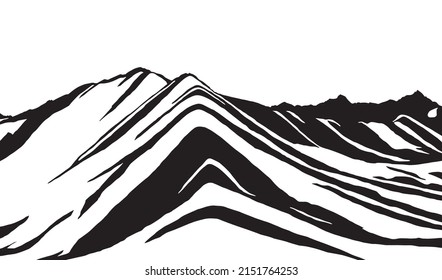 Rainbow mountains or Vinicunca Montana de Siete Colores black and white logo, Cuzco region in Peru, Peruvian Andes, panoramic view