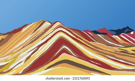 Rainbow mountains or Vinicunca Montana de Siete Colores isolated on blue sky background, Cuzco region in Peru, Peruvian Andes, panoramic view