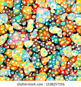 Rainbow multicolor abstract spotted seamless pattern, background from geometrical figures. Colorful bright texture of various shapes for creative fabric design, wallpaper, prints. Vector illustration