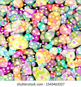 Rainbow multicolor abstract spotted seamless pattern, background from geometrical figures. Colorful bright texture of various shapes for creative fabric design, wallpaper, prints. Vector illustration