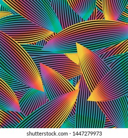 Rainbow Multicolor Linocut Outline Leaves Vintage Interior Textile Fabric Cloth Print Design, Geometric Ethnic Plumage Feather Bird Line Motif, Boho Chic Style Decorative Style Floral Artwork 
