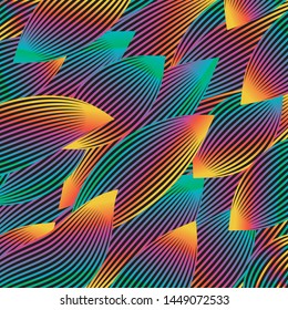Rainbow Multicolor Linocut Outline Leaves Vintage Interior Textile Fabric Cloth Print Design, Geometric Ethnic Plumage Feather Bird Line Motif, Boho Chic Style Decorative Style Floral Artwork 
