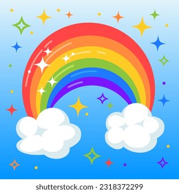 Rainbow with multicolor stars over white clouds on blue sky background. LGBT flag colors. Pride symbol. Cute kids vector illustration