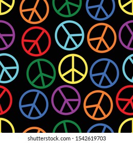 Rainbow multicolor symbols of peace uneven distributed on black background. Vector design.