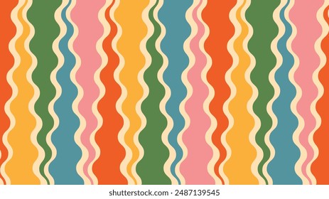 Rainbow multicolored comic background in retro, groove, pop art style. 1960, 1970. Abstract wallpaper with wavy lines. Template for banner, flyer. Vector EPS10