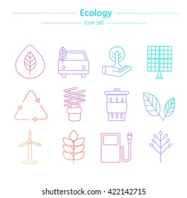 rainbow, multicolored environmental icons. A set of 16 symbols. Electric cars, energy saving light bulbs, recycling waste, nature, solar energy. Bright vector illustration