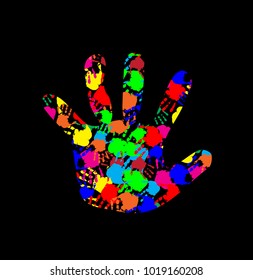 Rainbow multicolored silhouette of baby hand with colorful hand prints pattern inside isolated on black background. Vector colorful illustration of open kids palm, icon, logo, sign, symbol, clip art.