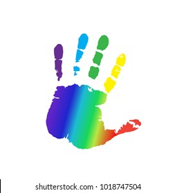 Rainbow multicolored silhouette of human hand print isolated on white background. Vector vibrant illustration of open palm, icon, logo, clip art.