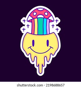 Rainbow mushroom inside distorted smile emoji face cartoon, illustration for t-shirt, sticker, or apparel merchandise. With modern pop and retro style.