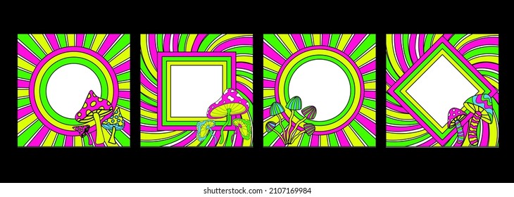 Rainbow Neon Säure Rahmen Set 70er psychedelischen Hippie-Stil. Vintage-Rahmen mit Pilzen aus den 70er Jahren. Vektorgrafik