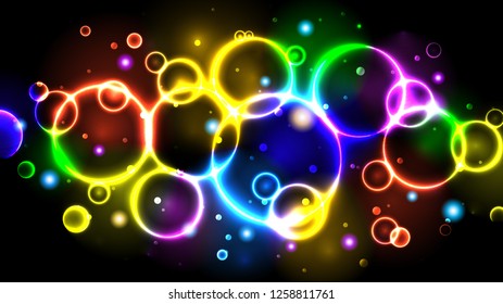 Rainbow neon color bright bubbles, abstract multicolor background with circles, sparkles and bokeh