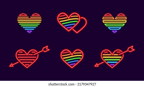 Corazones de neón arcoiris con flecha puesta. Símbolo de amor libre que reluce el símbolo romántico con líneas. Confesión alegre en sentimientos vectoriales