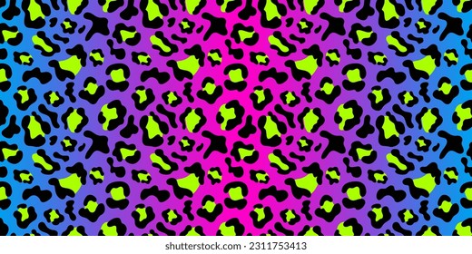 Rainbow neon leopard seamless pattern. Rainbow background, black and green spots. Long rectangular print