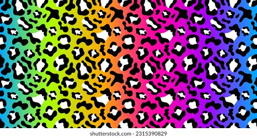 Rainbow neon leopard seamless pattern. Rainbow background, black and white spots. Long rectangular print