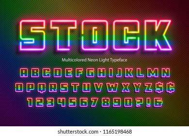 Rainbow Neon light alphabet, extra glowing font