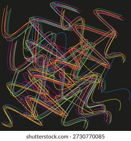 Linhas de neon arco-íris. Inclinação abstrata do vetor. Fundo confuso escuro. Acidente vascular cerebral vibrante e brilhante. EPS 10.