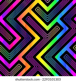 Rainbow neon maze seamless pattern