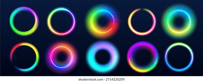 Anillos de neón de arco iris con efecto de luz brillante sobre fondo oscuro: marcos circulares multicolores vibrantes con halos degradados, bordes radiantes y Elementos abstractos luminosos para un diseño digital moderno.